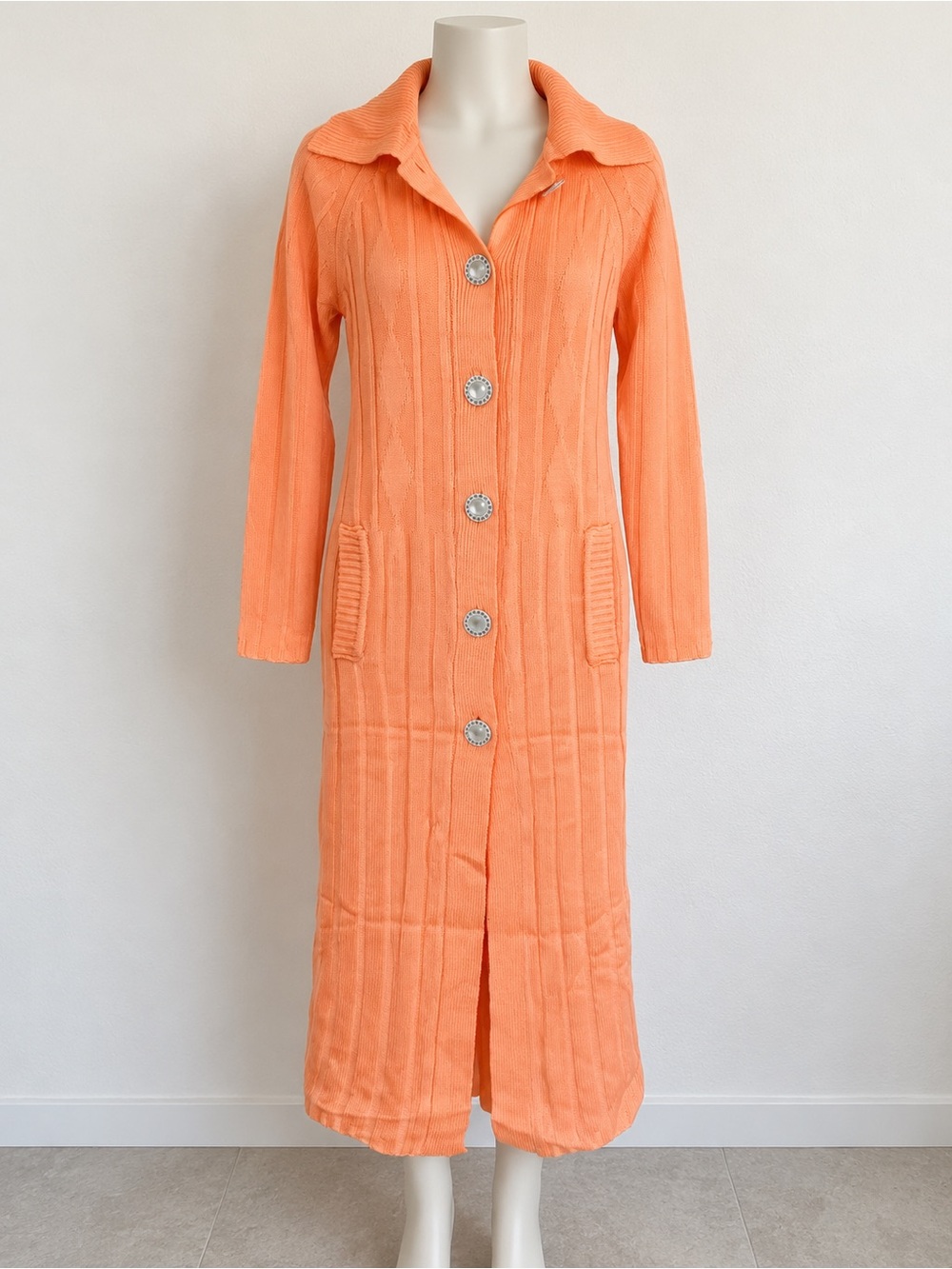Long Orange Knit Button-Front Swim Cover-Up with Decorative Buttons